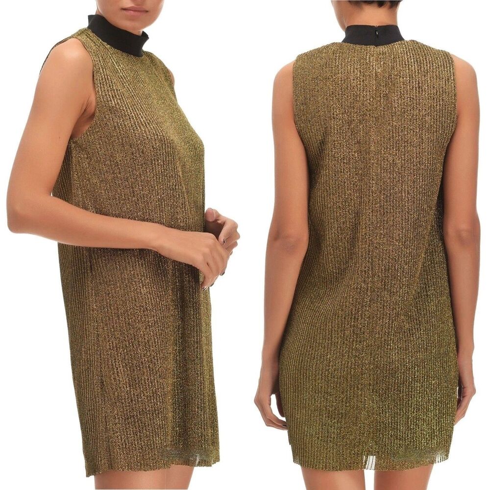 ZARA Gold Lurex Mock Neck Shift Mini Dress Womens Small Metallic Shimmer